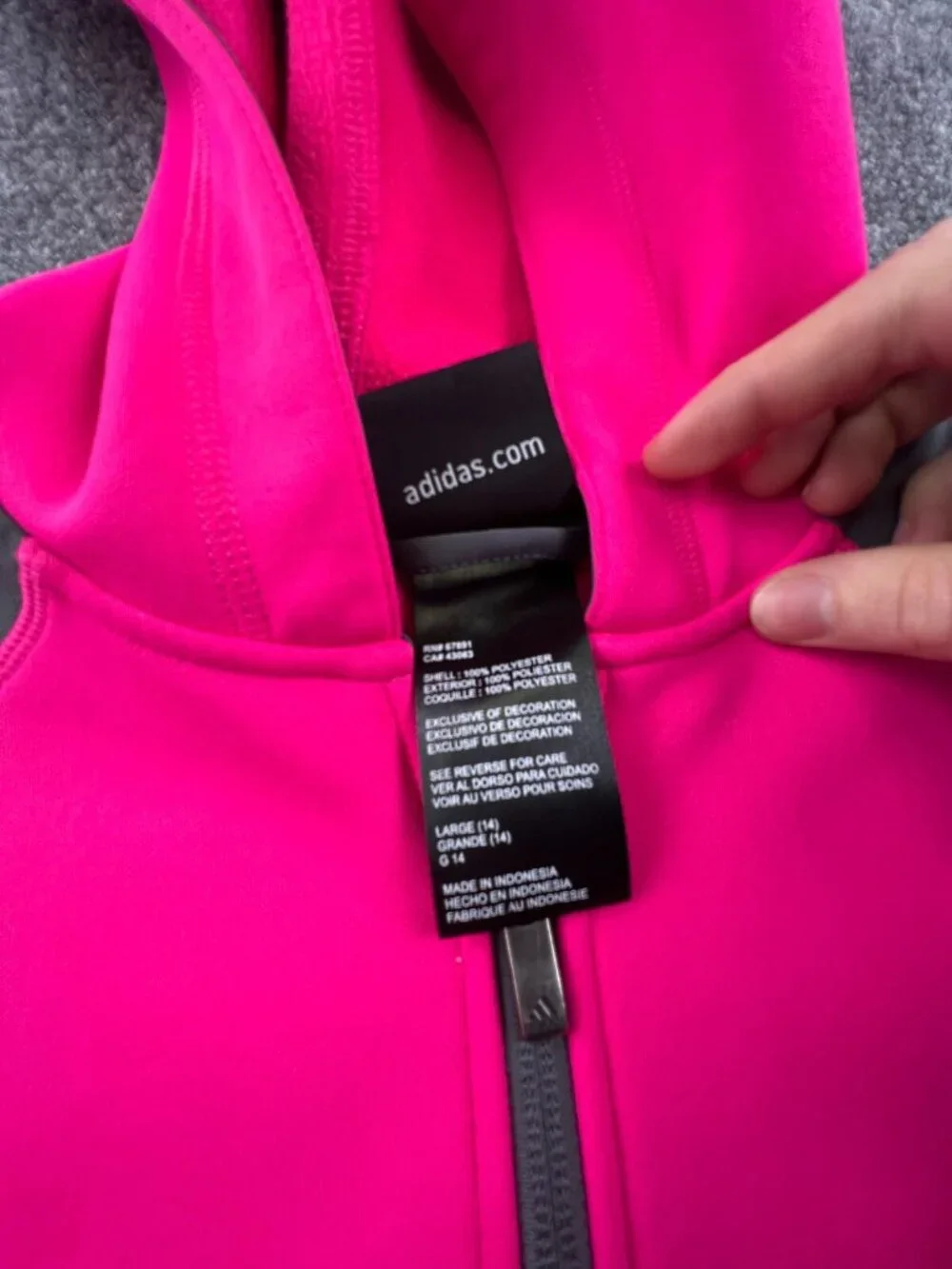 Adidas Girls Jacket 14 Large Gray Pink Hoodie Full Zip w Logo Fleece Inside